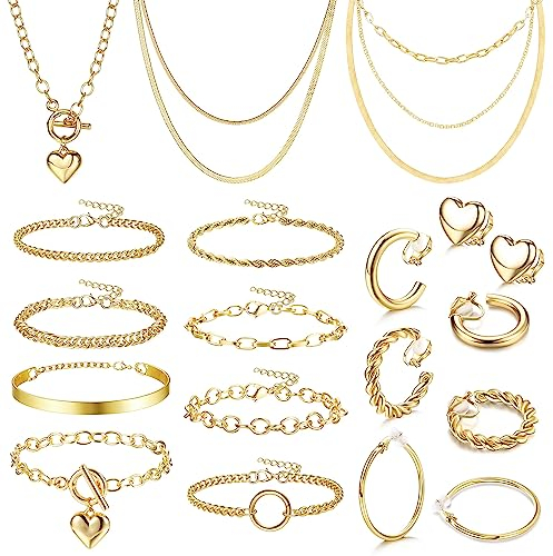 Kakonia 15 Stück Gold Schmuck Set Kleine Creolen Ketten Armbander Für Damen Mädchen Chain Layer Halskette Verstellbar Gliederkette Chain Halskette Modeschmuck Hip Hop Set