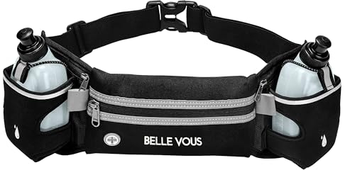 Belle Vous Adjustable Running Belt with 2 Water Bottles - 2 x 250ml/8.5oz Bottles & Reflective Waist Bag/Pouch for Phone - Waterproof Hydration Belt Holder for Marathon Running, Hiking and Fitness