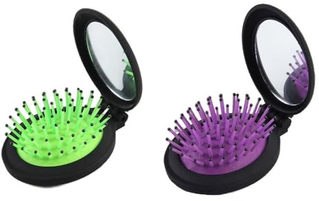 NuAngela Cepillo de viaje con espejo, formato compacto de bolsillo, espejo plegable, mini juego de cepillos emergentes, cepillo de bolsillo, peine para masaje, fácil de guardar (Morado Verde)