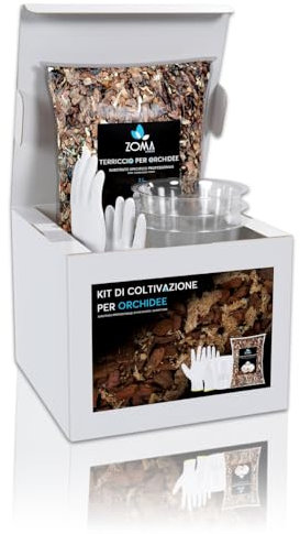 ZOMA GARDEN - Kit Rinvaso per orchidee composto da 3 Vasi per Orchidee a fondo rialzato 1 Terriccio per orchidee con Corteccia, Sfagno e Pomice 1 Paio di Guanti giardinaggio - Formato 2L