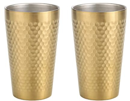 UPTALY 2 Stück Edelstahlbecher (350 ml/Stück, Gold), Diamant-Hammermuster, doppelwandig, große Eisteebecher, verdickte Kaffeetassen, wiederverwendbarer Wasserbecher aus Metall, für Camping, Party