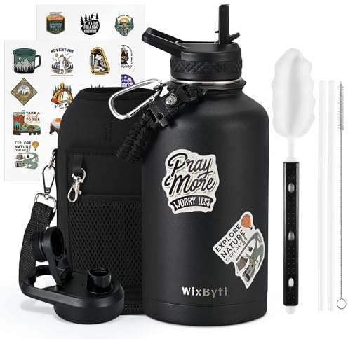 WixByti 64 oz Insulated Water Bottle with Straw (Cold for 48 Hrs), Half Gallon Stainless Steel Triple Wall Vacuum Sports Water Jug, Leakproof Hydro Cup Flask with Straw Spout Lids & DIY Stickers
