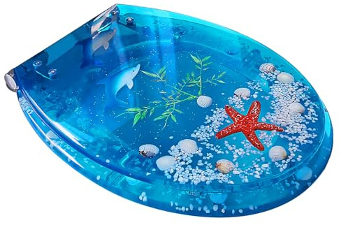 0XBIT Toilet Seat Will Slowly Close and Never Loosen, Long Lasting Resin, Quick Release Heavy Duty Toilet Seats with Clear Seashells Cover Acrylic Seats Ocean Series