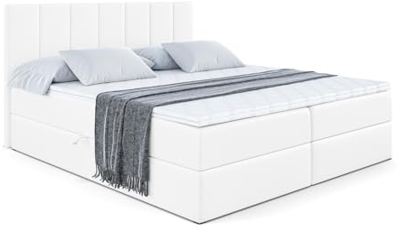 ALTDECOR Boxspringbett mit Matratze und Lattenrost, Boxbett, Topper, Polsterbett mit Bettkasten, Bett mit Stauraum H3-Matratze, Doppelbett, Springboxbett - MOETI - 120x200 - Weiß Kunstleder