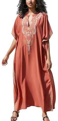 YOUKD - Caftán Boho Floral Bordado, Vestido de Playa, Bikini Cover Up, Vestido Plus para Mujer, Talla única