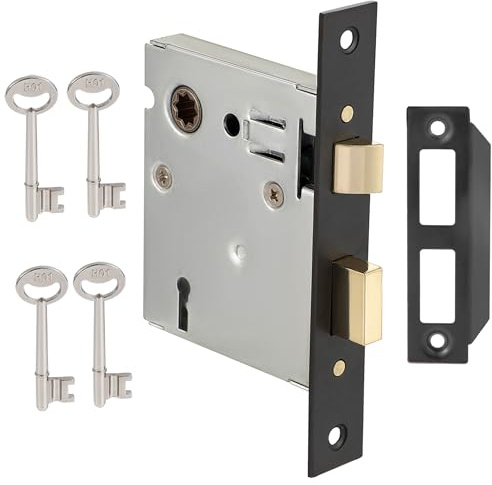 Toptotoo Mortise Lock Set - Interior Door Lock Replacement Kit, Reversible Latch, Skeleton Key, Antique Vintage Style, Matte Black Finish