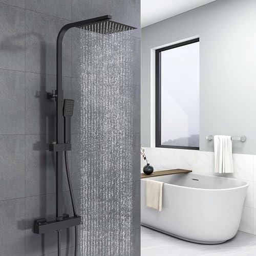 Biubiubath colonne de douche thermostatique avec mitigeur thermostatique, douche de tête carrée 25X25CM,noir,colonne de douche réglable en hauteur 764-1184 mm (carré 4)