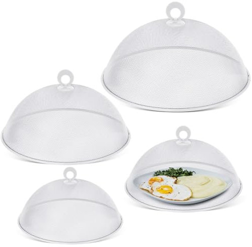 Baderke 4 Stück Metallgitter-Lebensmittelabdeckungen, 35,6 cm, 30,5 cm, 27,9 cm, 27,9 cm, 25,4 cm, Outdoor-Picknick-Netzabdeckungen für draußen, hält Fliegen fern für Tisch, Picknick, Camping