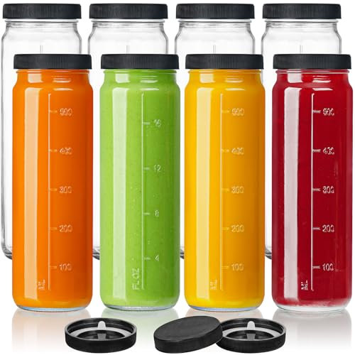 Absovetu 8 Pack Glass Juice Bottles with Lids 600ml/20oz - Milk Bottles with Lids Empty Glass Water Bottle for Smoothie Juice Milk Ice Tea
