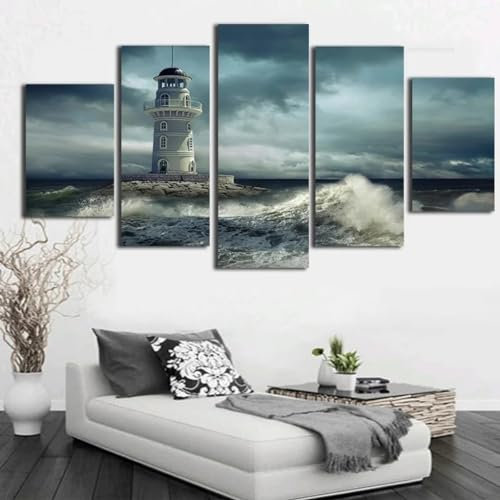 BENGOOD leinwandbilder wohnzimme 5 teilig Leuchtturm Raue See Sturm leinwand bilder wandbilder schlafzimmer wandbilder wohnzimmer modern Wanddekoration 100 * 55