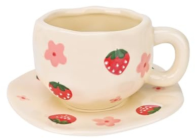 Koythin Tasse à café en forme de fleur de fraise, soucoupe incluse, design irrégulier unique, 300 ml pour latte, thé, lait, idéale pour bureau et maison