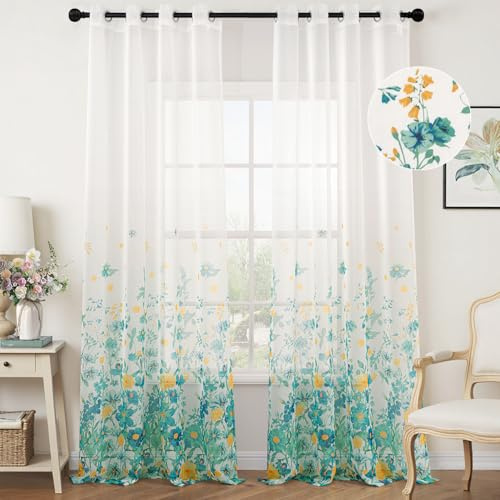 Woaboy Gardinen Türkis Voile Blumenmuster Vorhänge mit Ösen Wohnzimmer Transparente Ösenschal Sheer Voile Curtains für Schlafzimmer 2er Set 140x245cm(BxH)