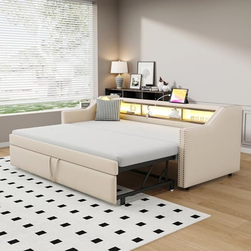 Ausziehbares Schlafsofa 90/180 x 200 cm, gepolstertes Bett mit LED-Licht und USB-Anschluss, Gästebett mit Lattenrost und Stauraum, Schlafsofa für 2 Erwachsene, Leinenstoff, Beige