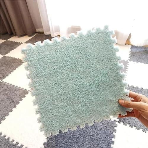 12-teilige weiche Plüsch-Spielmatte for Krabbeln im Winter, ineinandergreifender Schaumstofffliesen-Teppich for Raum- und Wohnzimmerteppiche Wohnzimmer(Mint Green)