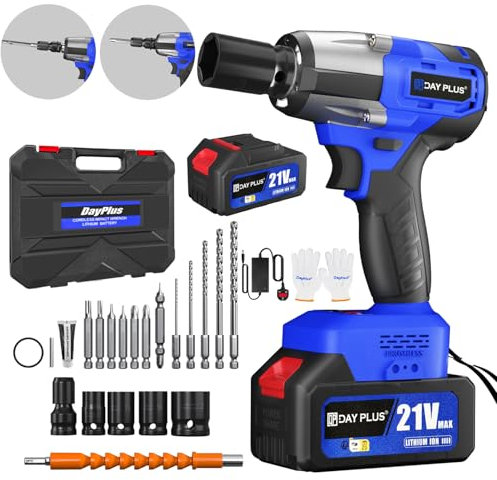 HSHa Cordless Impact Wrench, 1/2 Brushless Max Torque 550Nm, 2500RPM Power Impact Gun with 2 x 4.0Ah Batteries, LED Light, 4 Sockets, 12 Drill Bits & Carry Case for Car Truck