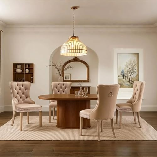 LINKHOO Lot de 4 chaises de Salle à Manger, Assise en Velours Pieds avec en Bois Massif, rembourrées, avec heurtoir décoratif au Dos et Clous tapissiers, idéales pour Le Salon ou la réception