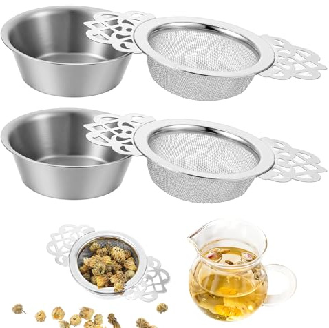 Guduling 3 Pcs Tea Strainers,Stainless Steel Tea Strainer,Teas Strainer Fine Mesh with Drip Bowls,Teas Leaf Strainers Fine Sieve Ideal for Juice Coffee Filter
