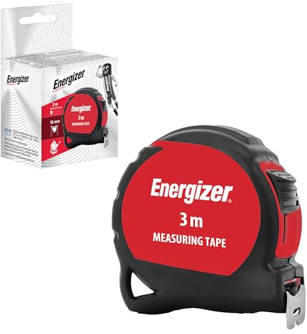 Energizer - Mètre Ruban 3 Mètres Système métrique - Noir et Rouge - Bi Matière Tylon - Boitier Ergonomique - Ruban en Acier Laqué avec crochet 16mm - Blocage Du Ruban - Retour Automatique