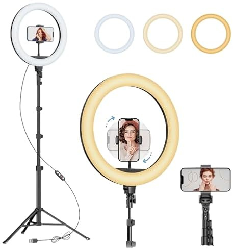12 Inch LED Ring Light with 63 Inch Extendable Tripod Stand and Phone Holder Dimmable Selfie Halo Light 3 Modes 10 Brightness Levels for YouTube Video Live Streaming Makeup Photography Vlog USB