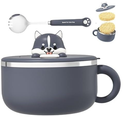 Bol de nouilles instantanées avec poignées Bol de ramen instantané Husky mignon 1200 ml avec couvercle et cuillère Cuiseur à ramen en acier inoxydable 304 pour nouilles à soupe.
