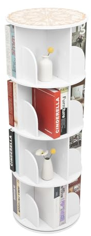 PBTERDTF 4-Stöckig Drehbares Bücherregal 360-Grad Rundes Bücherregal Kinderzimmer Bodenstehendes Lagerregal Weiß-Bücherturm für Kleine Räume, Schlafzimmer, Büro Organizer (4-Stöckig)