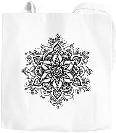 Autiga Jutebeutel Mandala Ornament Bohemian Boho Ethno Baumwolltasche Stoffbeutel Tragetasche weiß 2 lange Henkel