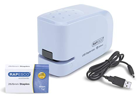Rapesco 1452 626EL Automatisches USB/Batterie Heftgerät mit 1000 26/6mm Heftklammern, 15 Blatt Heftleistung, Hellblau