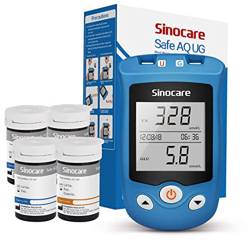 sinocare 2-in-1 Uric Acid & Blood Glucose Test Kit, Safe AQ UG Multifunctional Monitor for Blood Sugar & Gout Test, w/Test Strips x 100 & Lancing Devices x 100, for Diabetics & Gout - in mmol/L