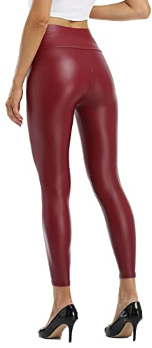 Kotii Leggings de piel sintética suave para mujer, pantalones de piel sintética de cintura alta, pantalones ajustados de piel sintética, Forro polar, rojo 816, X-Large