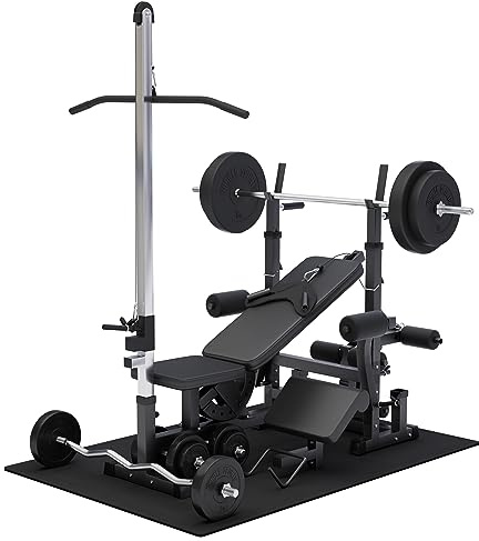 Gorilla Sports® Banc de Musculation Multifonction - Set Haltères 100kg, avec Support Barres, Tirage LAT, Butterfly, Réglable, Max 280kg - Banc d'Haltérophilie, Entraînement, Complet du Corps, Fitness