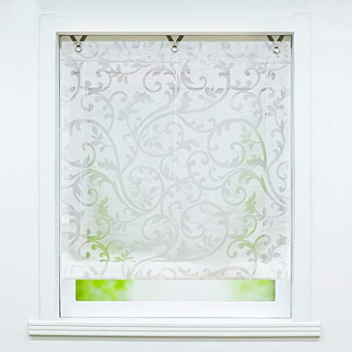 Delien Voile Raffrollos 1 Stück Transparente Ausbrennergardine Raffgardine Ösenrollo mit Blumenmuster »Phönixschwanz« Kurzschals Fenstergardine mit V-Haken Aufhängung mit Ösen BxH 100x130cm,Weiß