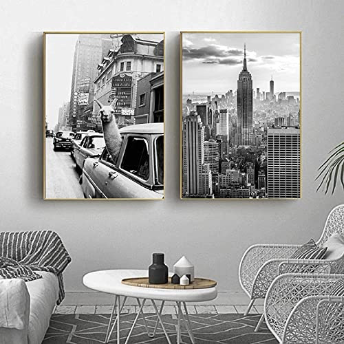 WTEVMAIY Leinwandbild, Vintage-Wandposter, Lama im Taxi auf Times Square, Kunstdruck, Bild New York City, Wandkunst für Heimdekoration, rahmenlos, 50 x 70 cm, 2 Stück