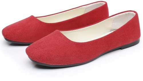 Hwalleum Women's Casual Square Toe Ballet Flats Ladies Stylish Slip On Ballerina Flats Girls Fashionable Solid Color Ballet Pumps Dolly Shoes Womens Comfy Office Driving Flat Shoes Loafers Bright Red