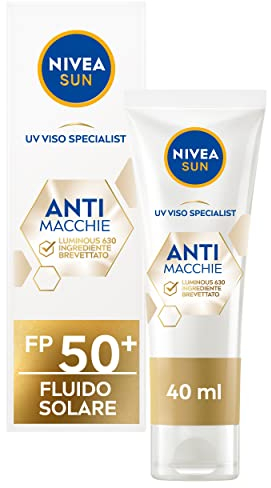 NIVEA SUN Luminous630 Crema Solare Viso SPF 50+ 40 ml, Protezione solare viso in fluido leggero, Crema antimacchie viso con Acido Ialuronico, Thiamidol brevettato e filtri UVA/UVB, Crema viso SPF 50+