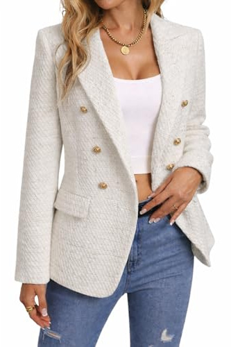 Mina Self 2026 Spring Women's Tweed Plaid Blazer Jacket - Fully Lined Fashion Business Casual Elegant Work Coat Pockets, 1-tweed/White, L