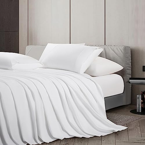 Shilucheng Parure de lit 4 pièces 100 % coton égyptien 1000 fils au pouce carré, draps respirants et rafraîchissants pour les dormeurs chauds, tissage satin, poches profondes de 40,6 cm (blanc, grand