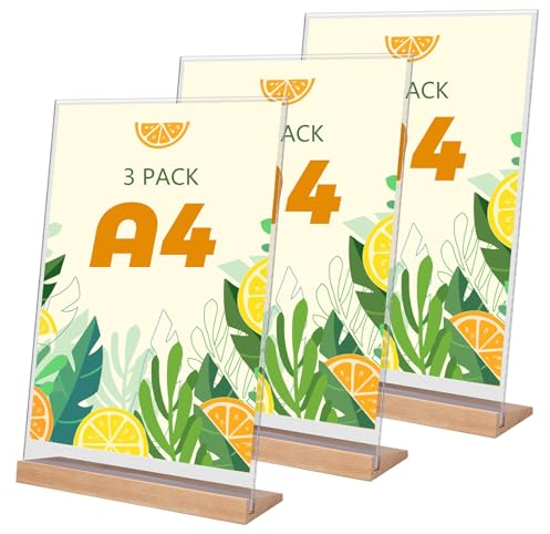 Yoosso 3 Stück Tischaufsteller A4, Tischständer Acryl Aufsteller L Form Preisschilder Aufsteller Werbeaufsteller mit Holzfuß für Hochzeit Büro Cafe Restaurant Laden (21 x 29,7cm)