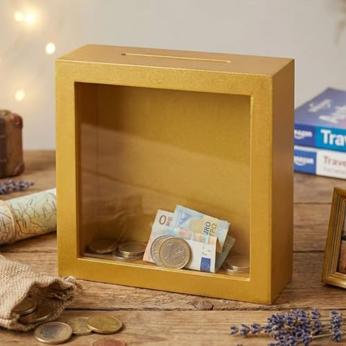 MIJOMA Spardose aus Holz mit Glasfront – dekorativer Sparrahmen für Geldgeschenke zu Hochzeit, Geburtstag, Reise & mehr – kreative Geldbox (Blanko - gelbgold, 15 x 15 x 5 cm)
