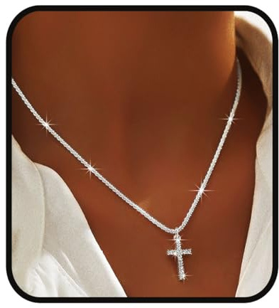 Yalice 925 Sterling Silver Layered Necklace for Women Waterproof Cross Pendant Necklace Chain Dainty Silver Sparkle Crystal Fashion Choker Neck Jewelry Gifts (Single Layer-Cross)