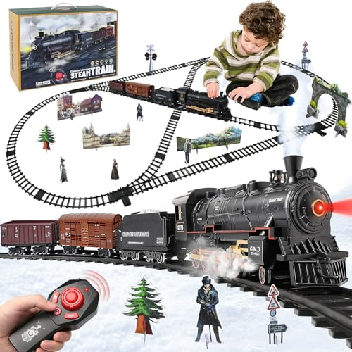 Ulikey Trenino Elettrico per Bambini, i Giocattoli dei Treni con Fumo Luminoso e Suono, Classico Treno a Vapore Giocattolo con Affumicato, Giocattolo Natale Treno Regalo per Bambini 3 +Anni