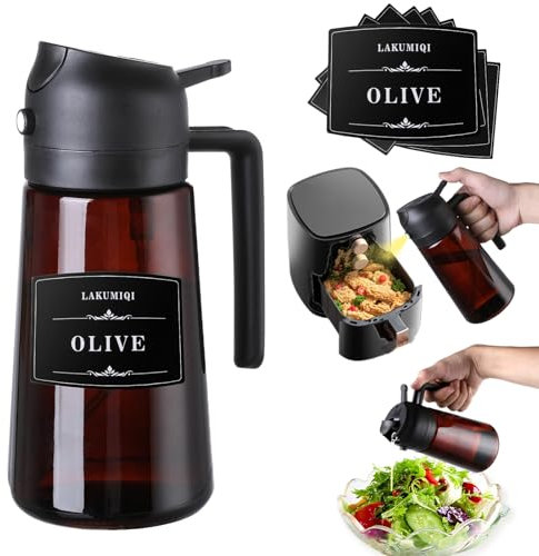 LAKUMIQI 2-in-1 Olive Oil Sprayer for Air Fryer – 16oz Glass Oil Dispenser & Cooking Oil Mister – Spray & Pour Bottle, Non-Aerosol, Leak-Resistant, for Salad, BBQ, Kitchen