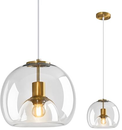 LBSQJ Clear Glass Pendant Lights Kitchen Island Gold Hanging Light Fixture Glass Globe Pendant Light Modern Pendant Lighting for Kitchen Island Bedroom Dining Room (9.84, 1 Pack)