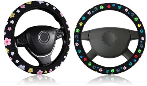 2 Pezzi Coprivolante Auto, copertura protettiva per volante, copertura decorativa, Morbido Elastico Copri Volante per Auto, Motivo Floreale Copristerzo Auto, Traspirante Antiscivolo Coprimanubrio