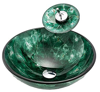 Badezimmer-Waschbecken mit Wasserhahn und Abfluss, Kombi-Waschbecken, Aufsatzwaschbecken aus gehärtetem Glas, Aufsatzwaschbecken, grün, rund, Aufsatzwaschbecken, Kunstwaschbecken
