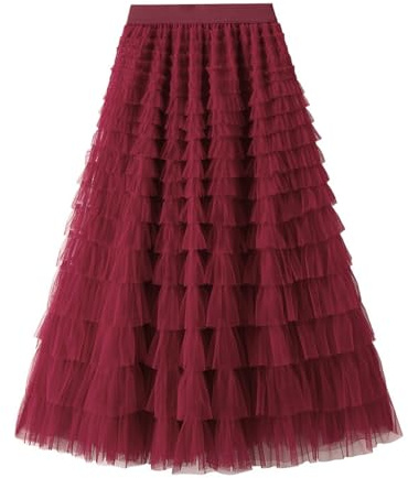 Jupe en tulle pour femme - Taille haute - Jupe en maille - Jupe longue plissée pour femme - Jupe plissée élégante - Jupe longue pour carnaval - Jupe de gâteau pour carnaval - Fête à thème, Bordeaux, M