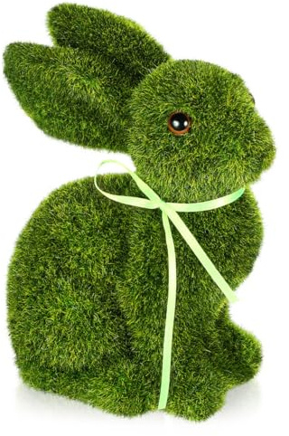 Housoutil Easter Moss Bunny Figure, Easter Moss Flocked Rabbit Statue, Green Artificial Grass Bunny Figure, Adorable Decorative for Party Supplies Garden Yard Decorations