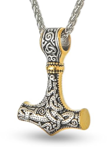 JUZICHEN Martillo De Thor, Cadena Plata Hombre, Colgante Martillo Thor, Cadena Runas Vikingas Amuletos De Proteccion Hacha Vikinga, Vikingos Collar Plata Oro Negro, 60 Cm (Oro + Plata)