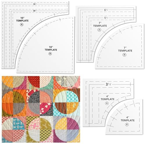 Kigley 3 Set Drunkards Path Quilting Templates Large Quilting Rulers and Templates for Cutting Patterns with 1/4 Seam Allowance Supplies for DIY Craft(Clear,10, 7, 4 inch)