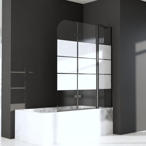 Duschwand für Badewanne 160 x 140 cm 2 teilig faltbar,Duschtrennwand mit Stabilisator und Festteil Duschabtrennung mit Eleganten weißen Streifen mit 6mm Nano Glas,Schwarz