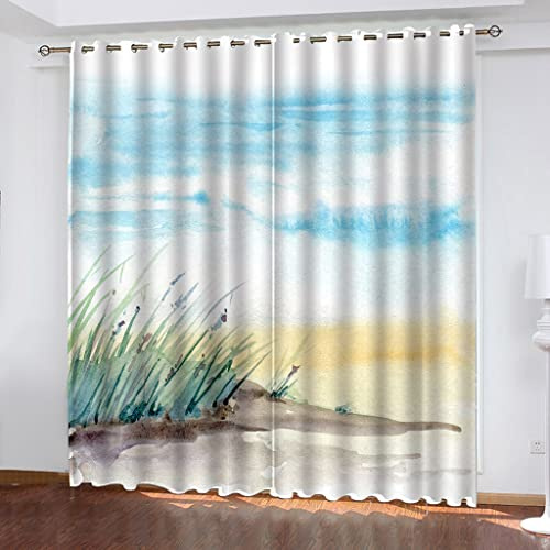 Kinder Gardinen Kinderzimmer Junge Mädchen Blickdicht Weiß-Blaues Grasbank-Aquarell 200X214Cm 2Er Set Verdunkelungsvorhang Thermovorhang Hitzeschutz Vorhänge Wohnzimmer Schlafzimmer Vorhänge Mit Ös